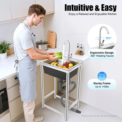 Freistehendes Einzelwaschbecken, Edelstahlspüle mit Wasserhahn, 45 * 40 * 22 cm kommerzielles Küchenspülbecken