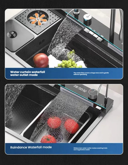 Large Single Slot Waterfall Stainless Steel Kitchen Sink With a Knife Holder and Trash Can Household Vegetable Washer Basin