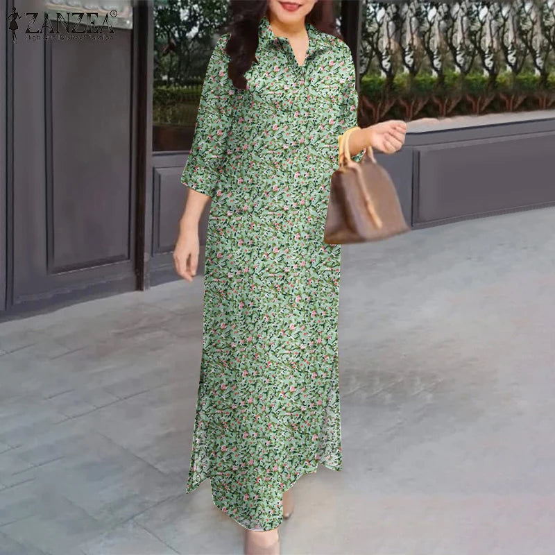 ZANZEA Herbst Sommer Floral Bedruckte Kleider Frauen Maxi Sommerkleid Bohemian Casual 3/4 Hülse Urlaub Vestidos Kaftan Robe Femme.