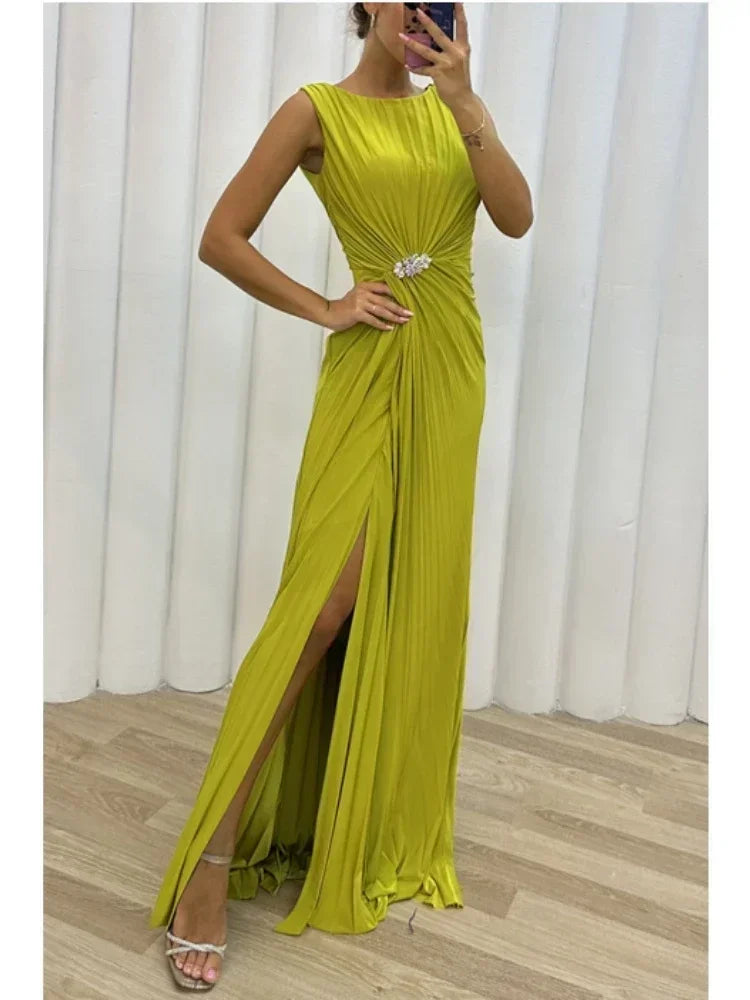 Frauen sexy Kleid neue ärmellose feste Party schlanke Empire Split weibliche elegante Rundhals Mode lange Kleidung.