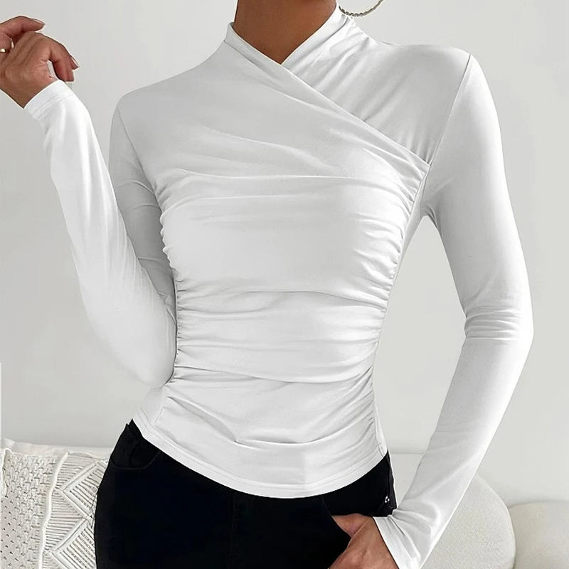 Sexy Elegant Fall Winter Long Sleeve Cross Pleated Pullover Women's Modal Solid Color Irregular Tops Street Daily Versatile Tees