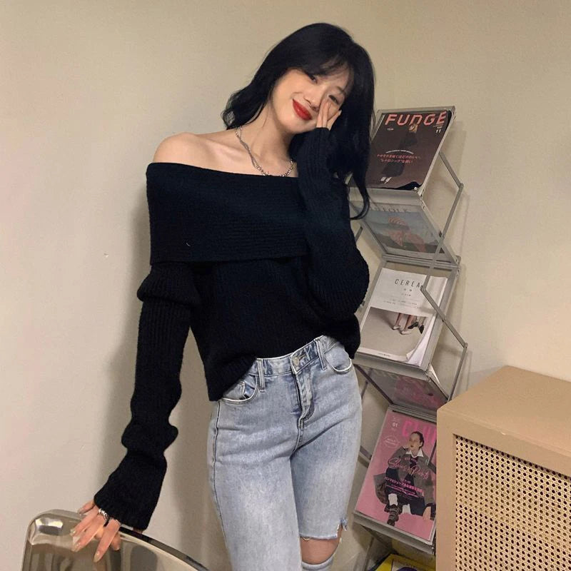 Lucyever Slash Neck Strick pullover Frauen sexy schulter freie Langarm pullover weibliche koreanische elegante verdicken schlanke Pullover Top