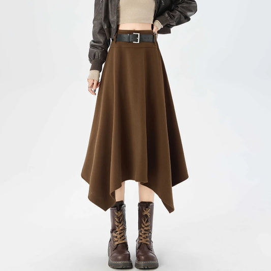 High Quality Irregular Woolen Skirt Women 2025 Autumn Winter New High Waist Slimming Midi Skirt Elegant A-line Faldas with Belt.