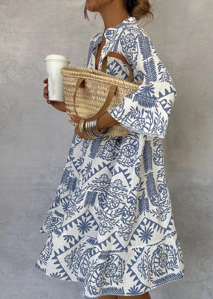 Neue Stil Casual Print Drei-viertel Hülse Hemd Kleid Für Frauen Sommer Mode V-ausschnitt Lose Urlaub Casual Kleider robe Femme.