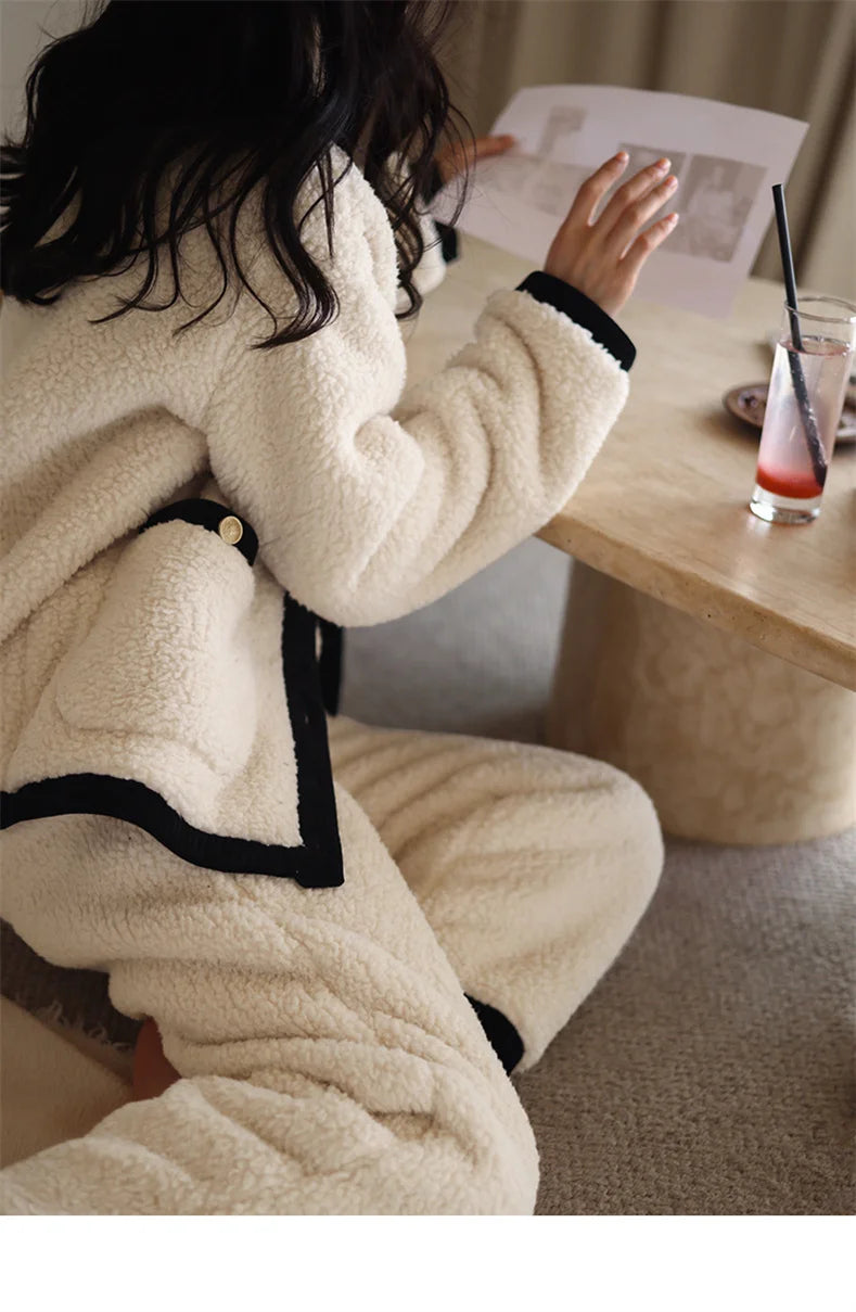 Winter Women Warm Fashion Pajama Sets Sweet   Elegant French Style Girlish Leisure Thicken Flannel Comfort Pajamas.