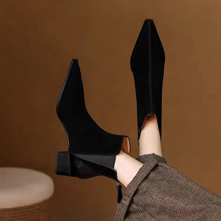 Autumn Winter Women Thick Heel Ankle Boots Elegant Back Zippers Shoes Modern Leather Suede Splicing Short Botas Para Mujer.