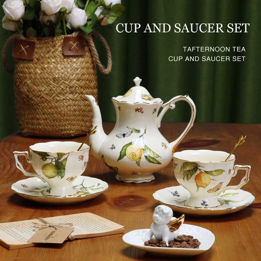 European Style Ceramic Mug Coffee Cup and Saucers Set Lemon Pattern Retro Afternoon tea cup Dessert Plate Teapot Home kettle.