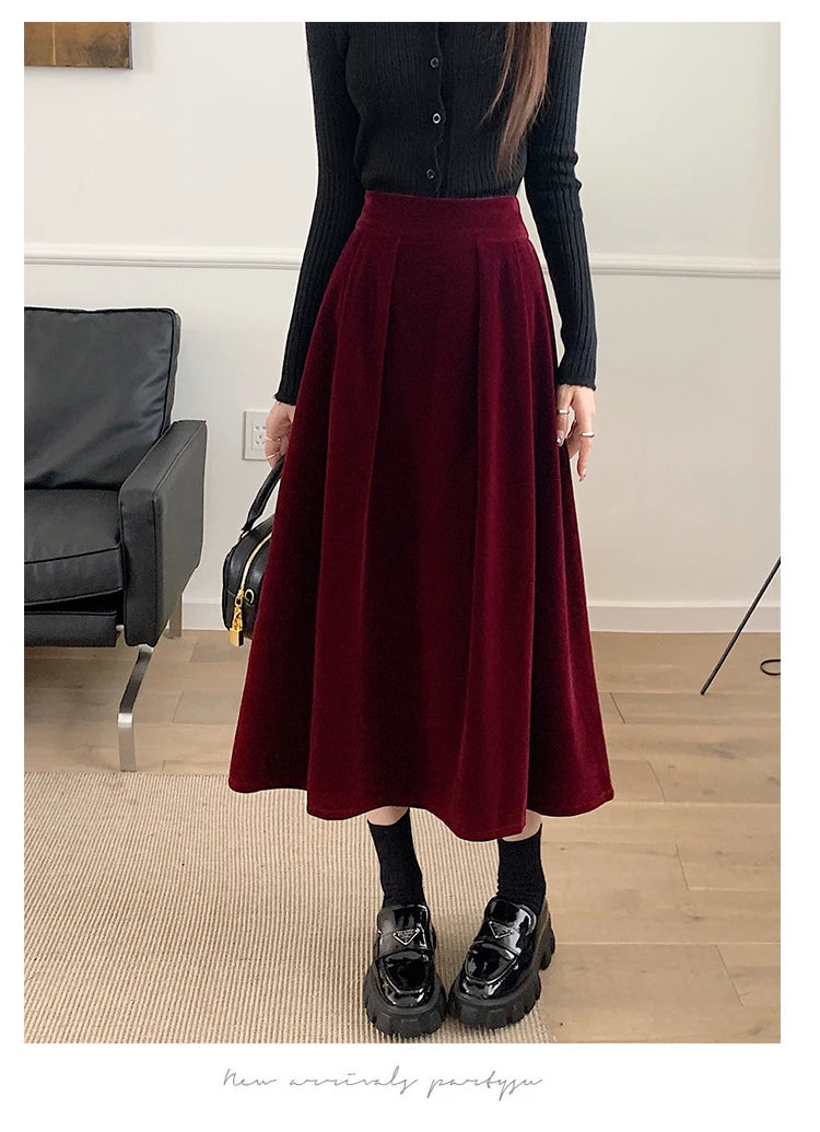 Autumn Winter Warm Vintage Red Elegant Velvet A-line Skirt For Women 2023 High Waist Casual Black Party Pleated Big Swing Skirts.