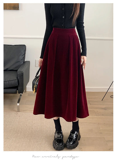 Autumn Winter Warm Vintage Red Elegant Velvet A-line Skirt For Women 2023 High Waist Casual Black Party Pleated Big Swing Skirts.