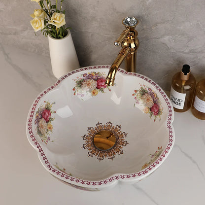 Kemaidi Keramik Bad Bar Waschtisch Waschbecken Wasserhahn Combo Blumen stil weiß über Theke Schüssel mit goldenen Mixer Wasserhähnen