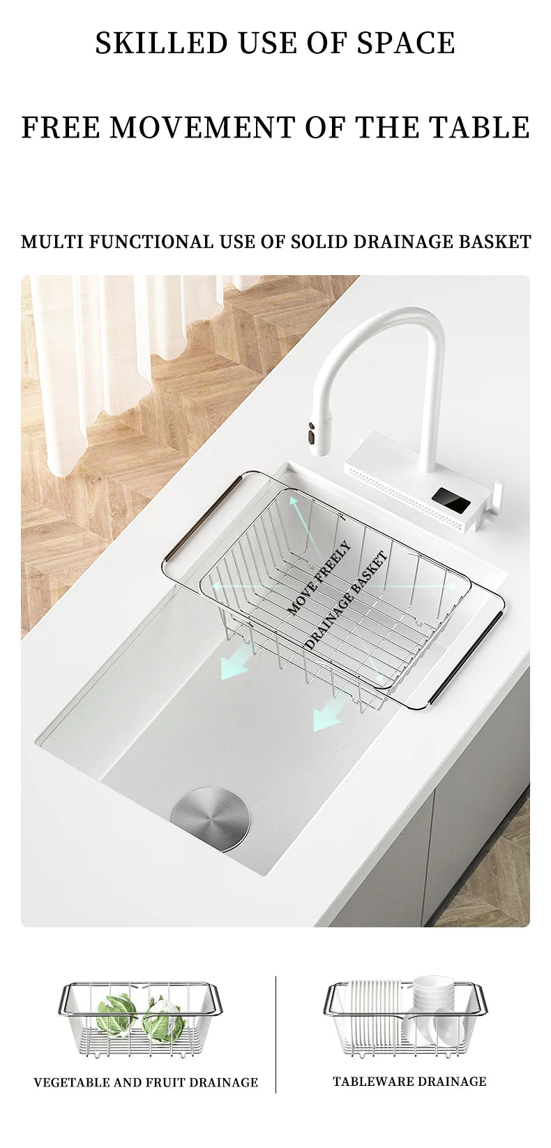 White Stainless Steel Kitchen Sink with Digital Display Multifunction Waterfall Faucet large Wash Basin for Kitchen Accessories