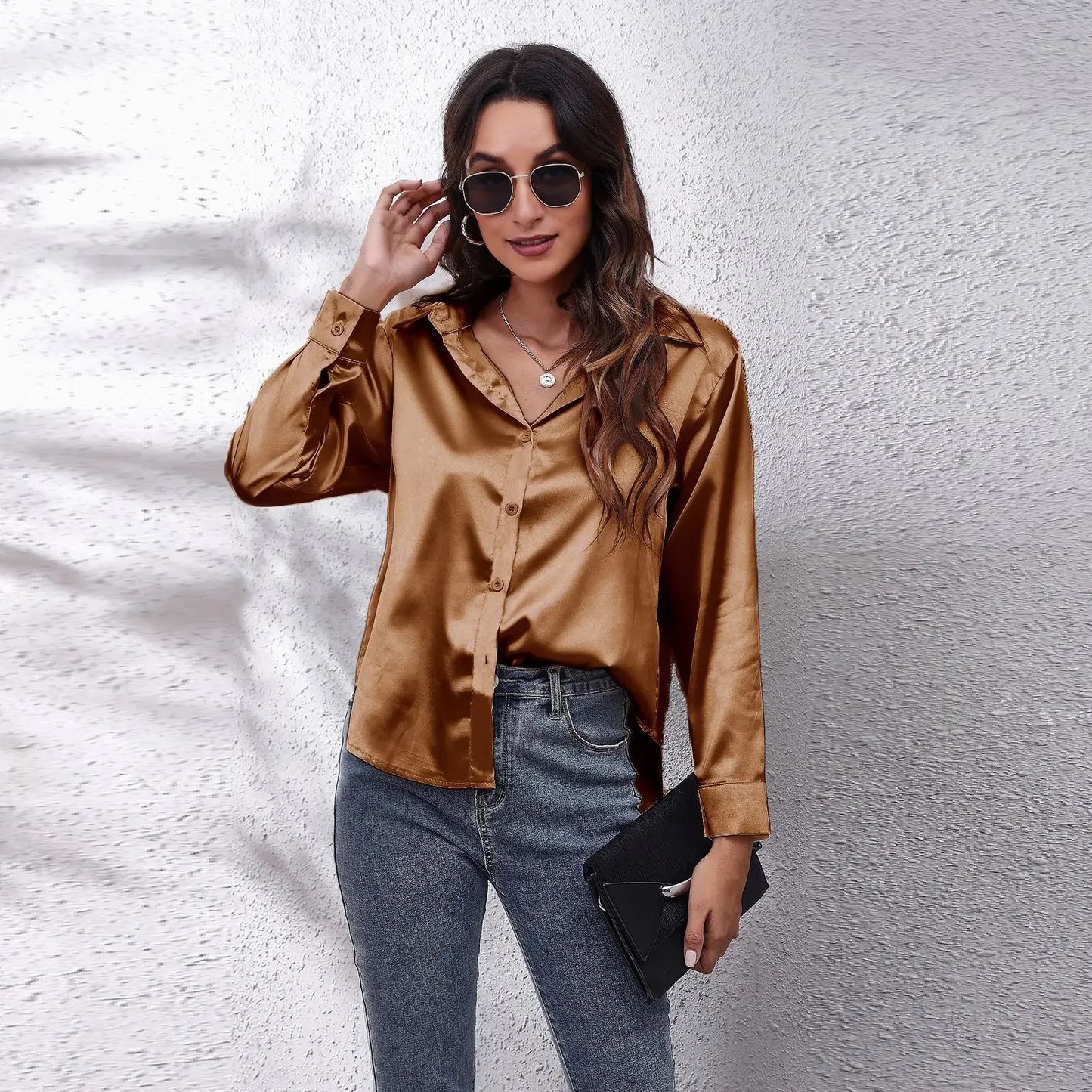 Autumn Women Solid Satin Shirt Long Sleeve Imitation Silk Loose Button Up Blouse Shirt Ladies Tops Fashion Clothing.