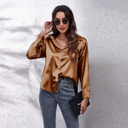 Autumn Women Solid Satin Shirt Long Sleeve Imitation Silk Loose Button Up Blouse Shirt Ladies Tops Fashion Clothing.