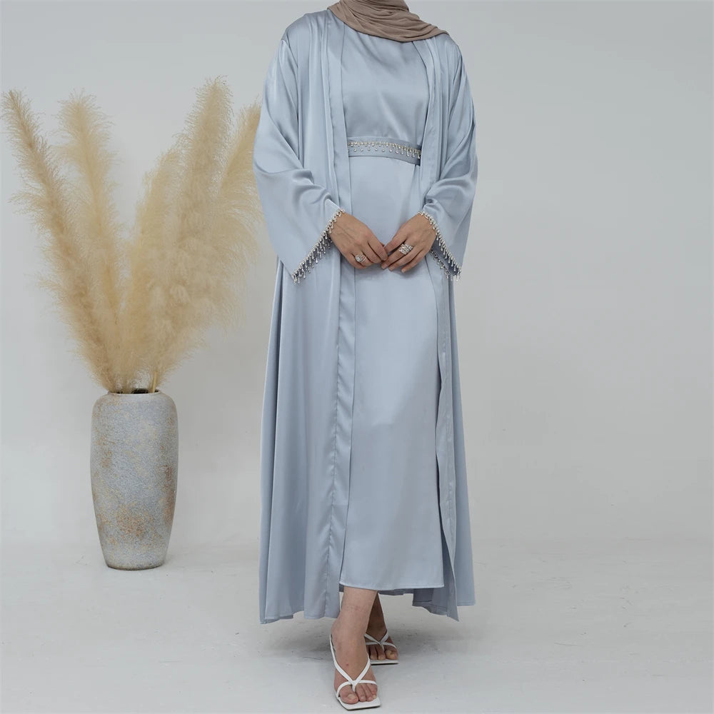 Ramadan Kebaya Chain Satin Kimono 2 Piece Abaya Set Turkey Islam Dress Muslim Sets Abayas For Women Robe Femme Musulmane Kaftan.