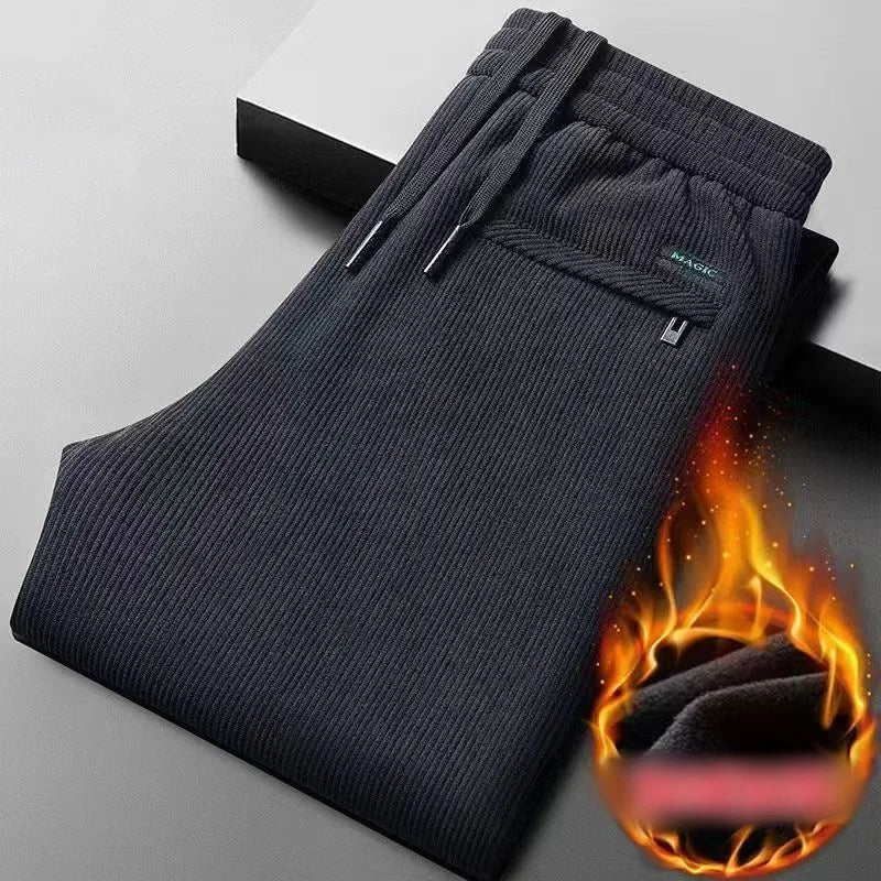 Black gray men's corduroy casual pants with drawstring, thick elastic business pants, mid waist brand winter warm pants.