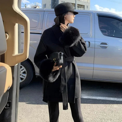 Tossy Fuchspelz-Wollmantel für Damen, kurzer Mantel, Bürodame, eleganter doppelseitiger Wollmantel, 2025, neue Strickjacke, Jacken, lockere Wolle