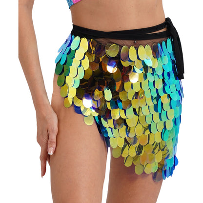 Womens Sequins Dance Skirt Lace-Up Mermaid Hip Scarf Wrap Long Belly Dance Hip Skirt Festival Dance Stage Performance Costumes