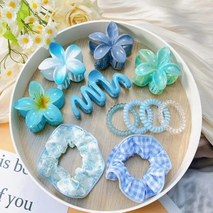 11pcs/Set Fashion Plumeria Hawaiian Hair Clamps Set Colorful Elastic Flowers Hair Clips Rubber Band Hair Rope Hair Accessories.