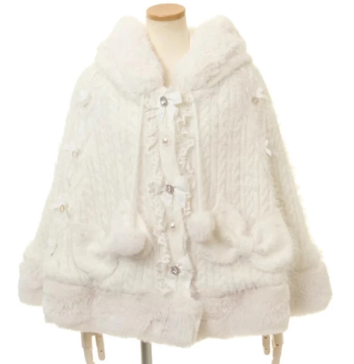 Japanische Liz Süße Prinzessin Faux Kaninchen Fell Cape Mantel Frauen Herbst Winter Pelz Jacke Lose Uhr Strass Bogen Mit Kapuze Mantel