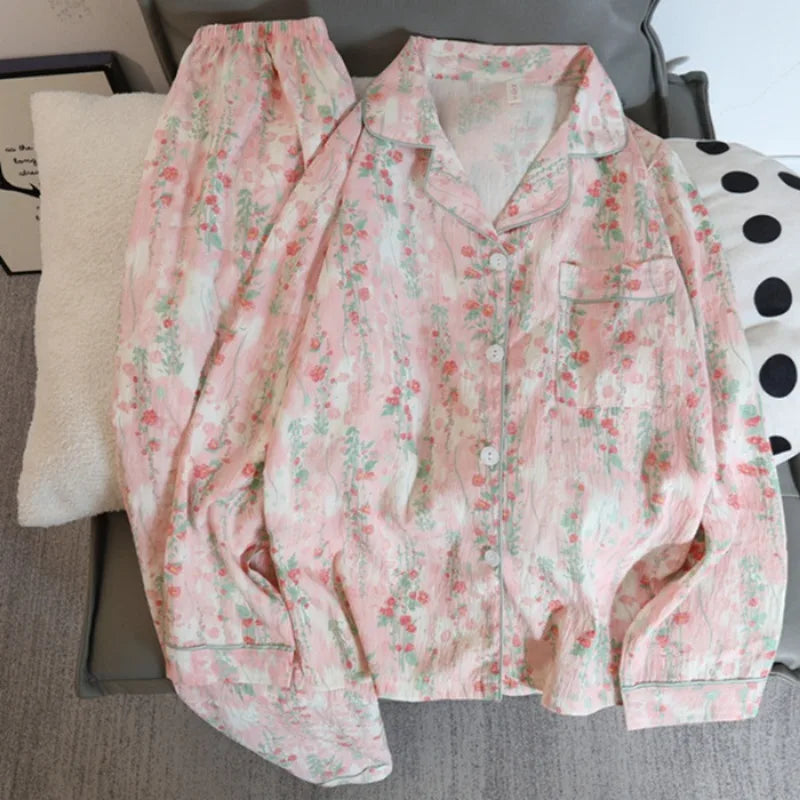 Autumn and Winter Pajamas Women Long Sleeve Pants Cardigan Sweet Print Cartoon Student Plus Size Loungewear Two-Piece Set.