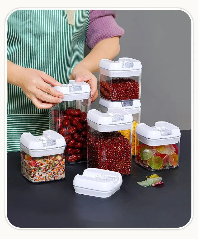 Kitchen Plastic Container Organizer Moisture-Proof Sealed Tank Square Transparent Grain Storage Jar Dried Fruit Snack Box Cans.