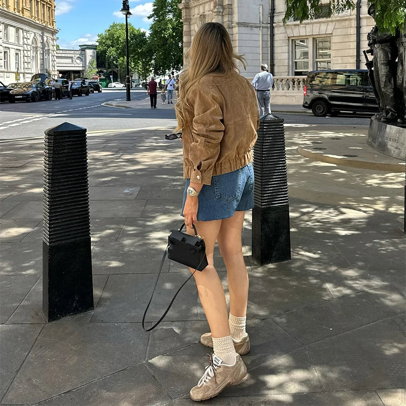 Retro-Jacke, modisch, Frühling und Herbst, lässig, lockere Tasche, langärmelig, trendig, cool, vielseitig, hochwertige Damen-Kurzjacke.