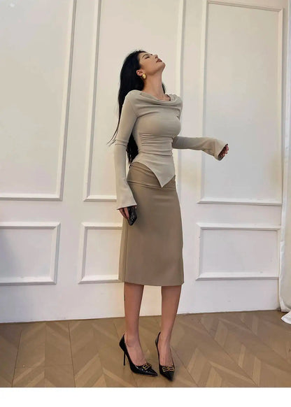 New Spicy Girl One Shoulder Trumpet Long Sleeve T-shirt Female Autumn Slim Sweet Fashion Korean Women Tees Sweet 2025 New 91NV.