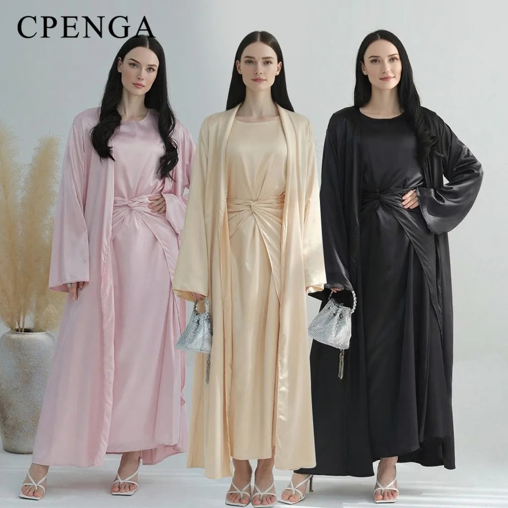 Middle Eastern 3-Piece Islamic Clothing Set for Women Ramadan Dubai Modest Abaya Muslim Hijab Dress 2025 Plain Turkey Kaftan.