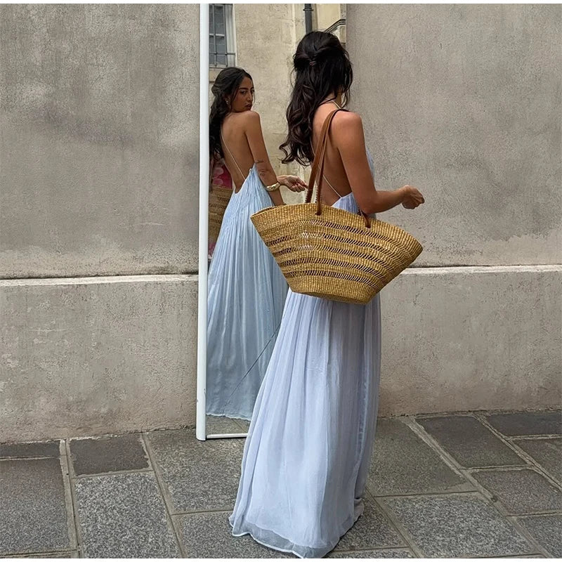 Sexy frauen Einfarbig Gefaltete Lange Kleid Elegante Ärmellose Hosenträger Backless Slim Fit Kleider Strand Party frauen Robe.