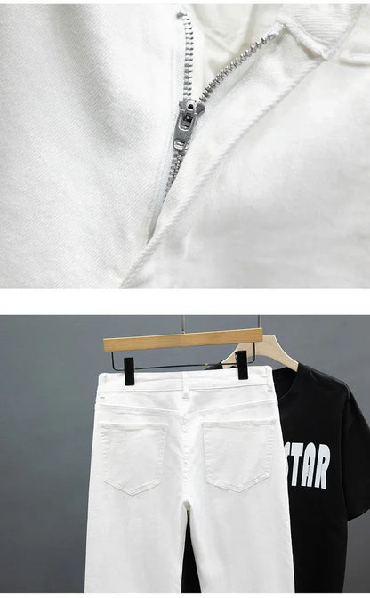 White Jeans Men's Slim Straight Ankle-length Soft Comfort Elastic Denim Trousers Fashion Korean Basic Casual Pencil Pants.
