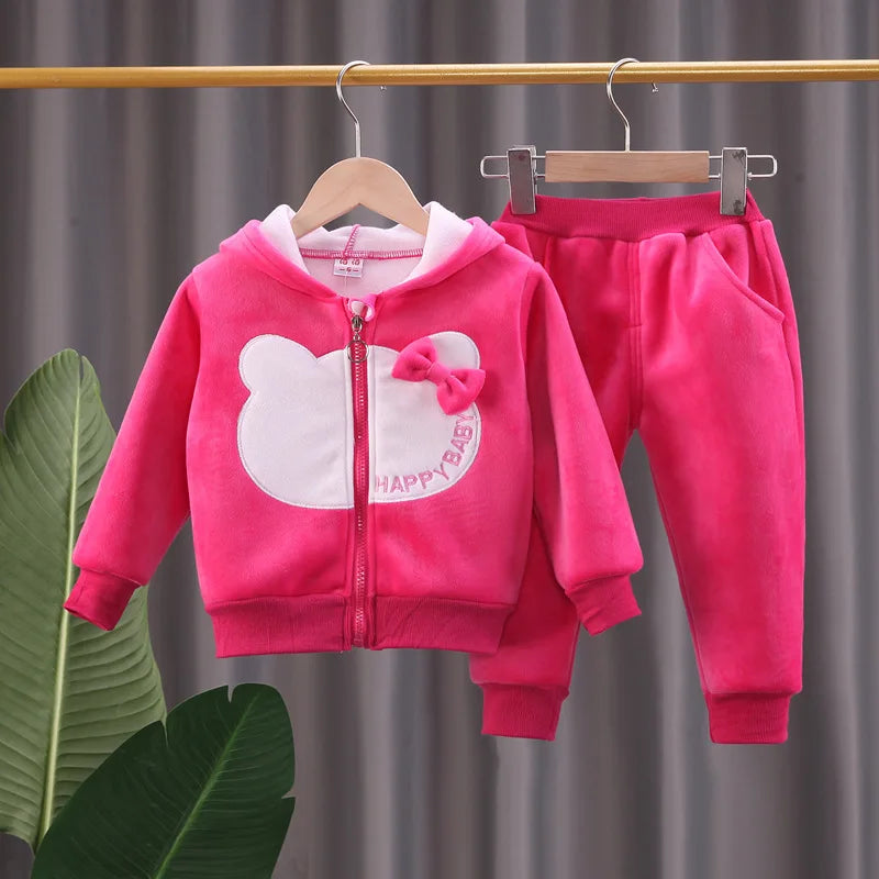 2025 new girl plus velvet sleeve winter warm and thick cartoon hat-connected top+pants two-piece 0-4-year-old children's set.