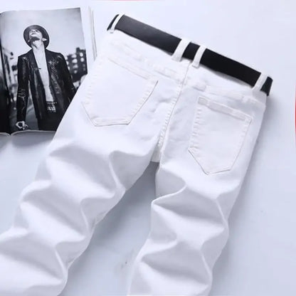 Pure White Jeans Men's Elastic Korean Style Slim Fit Youth Slimming Straight Leg Business Casual Middle Age High End Pants.