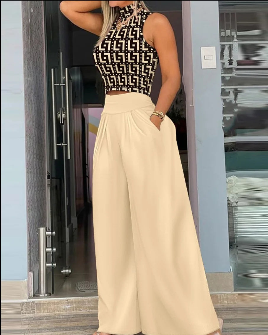 Women Two Piece Pant Sets Sleeveless Turtleneck Tops Pockets Wide Leg Pants High Waist Trousers Suit Elegant Office Ladies.