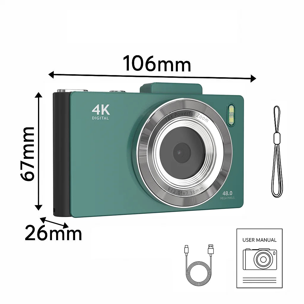 Retro Digital Camera with 48MP Dual Lens, 2.8 "IPS screen, 16X Zoom, Autofocus, OTG & SD Card Support, 64GB.