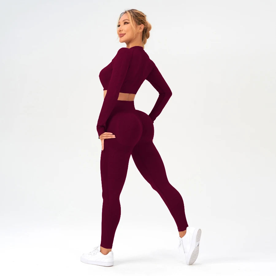 2 pcs/set Long Sleeve Yoga Leggings Set Sportswear Woman Gym Seamless Workout Outfit Yoga Clothes Womens Tracksuit Activewear.