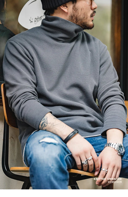 Maden Casual Gray Knitted Turtleneck Sweaters Men's Vintage 310g High Collar Waffle Pullovers Basic Fashion Black Warm Jumper.