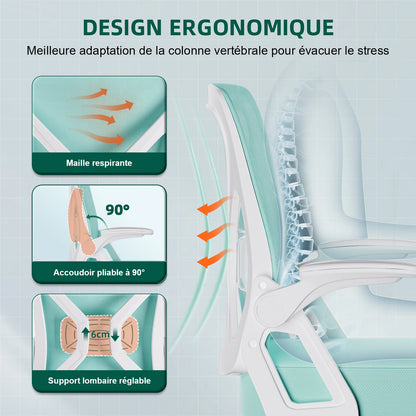 AUTHMIC Ergonomischer Netz-Bürostuhl mit Lordosenstütze, hochklappbaren Armlehnen, verstellbarer und höhenverstellbar für den Schreibtisch zu Hause – Blaugrün