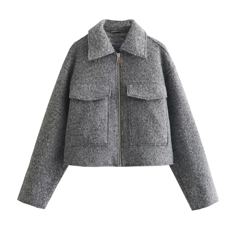 MUJER Kurze Tweed-Jacken für Damen, Herbst-Winter-Kurzmanteljacke, Damen-Reißverschluss-Crop-Jacke für die Halbsaison, Damen, neu in Oberbekleidung.