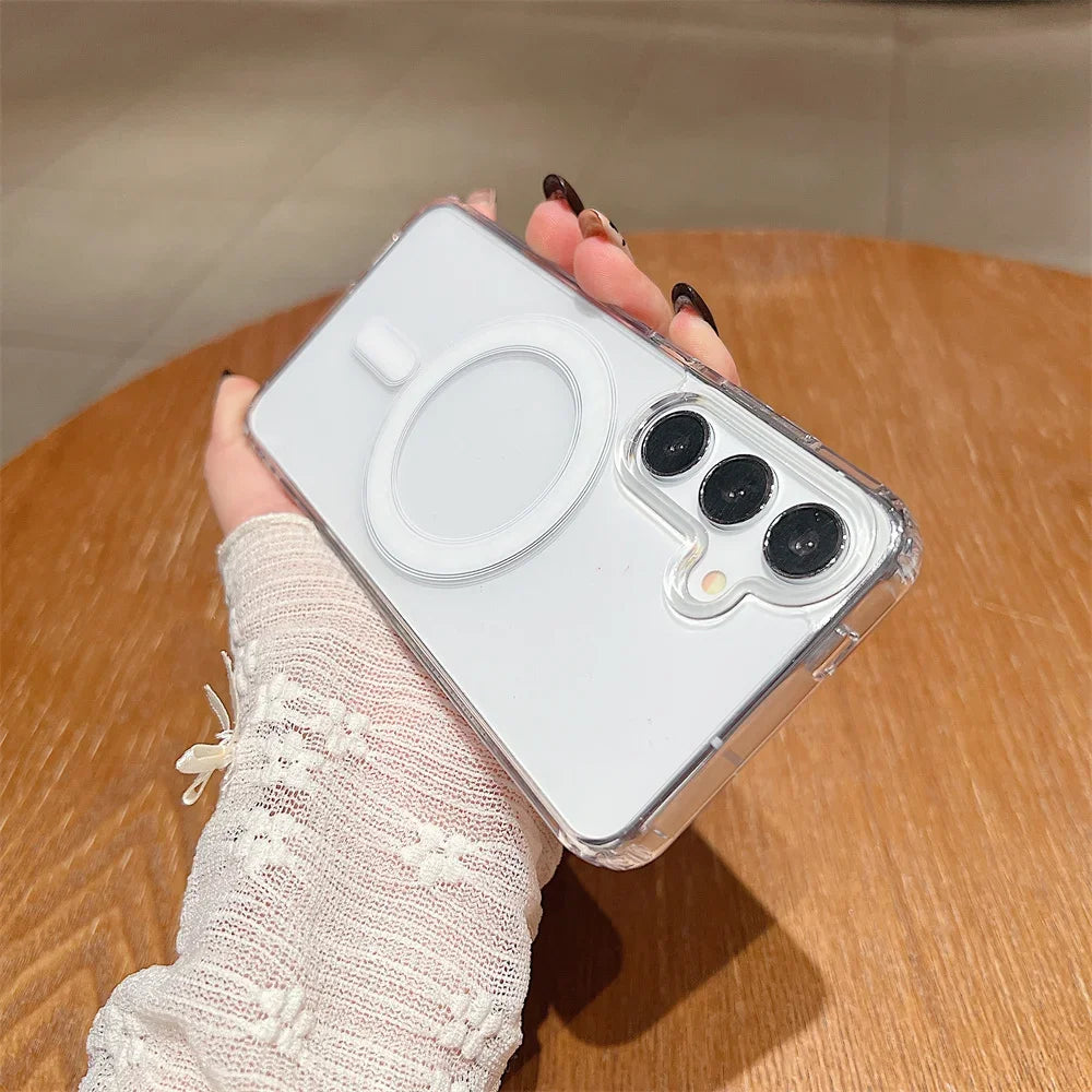 Magsafe Magnetic Charge Phone Case For Samsung Galaxy S25 S24 S23 Ultra S22 Plus S21 FE A16 A15 A35 A55 Clear Acrylic Slim Cover.