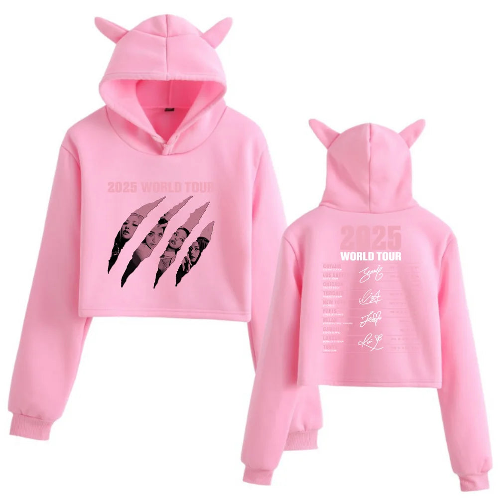 2025 Black World Tour Merch Cat Ears 2 Sided Long Sleeve Crop Tops Girls Fashion Hoodie.
