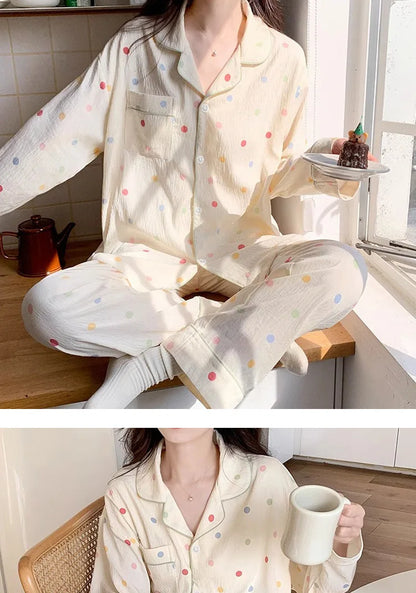Koreanische Farbige Wavelet Dot Nachtwäsche frauen Herbst Lange Ärmeln Set Kleine Frische Hause Kleidung Lose Internationale Student Pyjama.