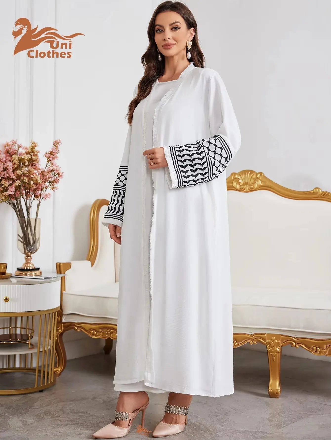 UNI 2024 Ramadan Abaya Kimono Keffiyeh Stickerei Quasten Muslimischen Offene Abayas Frauen Dubai Luxus Islam Strickjacke Kleid Kaftan.