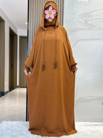 Muslim Abaya Solid Cotton Pullover Two Hat Women Eid Hooded Long Maxi Dress Turkey Kaftan Arab Robe Islamic Hijab Dubai Clothing