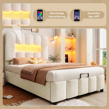 Modernes Polsterbett, 90 x 200 cm, ohne Matratze, LED-Beleuchtung, mit hydraulischem Gerät, verstellbarer Kopfteil, Samt, Grau