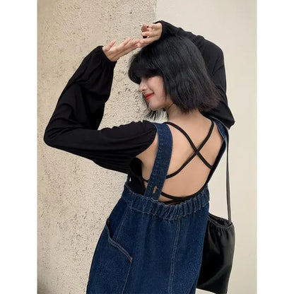 Denim Overalls Women New Vintage Streetwear Jumpsuits Female Korean Fashion Straight Loose Wide Leg Pants.