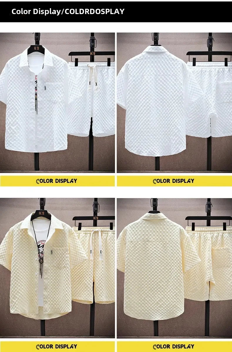 Casual Thin Sports Two-piece Set 2024 Summer Ice Silk Suit Men's Trendy Short Sleeve T-shirt Shorts One Set.