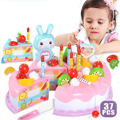 Kids Toy Simulation DIY Birthday Cake Model Kitchen Pretend Play House Cutting Fruit Food Toy for Toddler Children Gift Boy Girl.