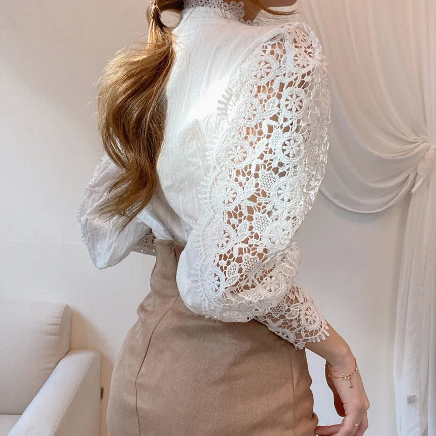 Fashion Long Sleeve Women Blouse Hollow Out Lace Blouse Shirt Tops Women Blusas Mujer De Moda 2024 Blouses Femme Women Shirts.