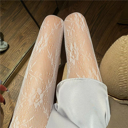Gothic Women Lolita Leggings Hollowed Out Mesh retro Girls Stockings Japanese Bottomed Lace Pantyhose Floral Rattan Black Tights