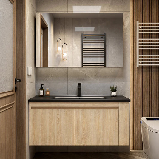 Leichter Luxus-Badezimmerschrank-Kombination, Badezimmer-Waschbecken, Gesichtswaschbecken, Toilettenholz, Waschbecken aus Keramik, integriertes Waschbecken im japanischen Stil